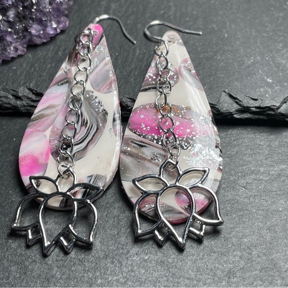 Elegant Pink, Gray and Silver Artisan Lotus Flower Dangle Earrings - Picture 5 of 12